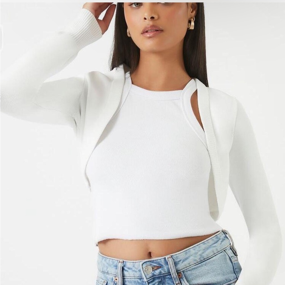 Forever 21 Ribbed Open-Front Shrug Sweater in white size medium